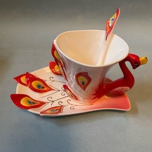 NWT Peacock Porcelain Tea/Coffee Mug with Saucer + Spoon Set